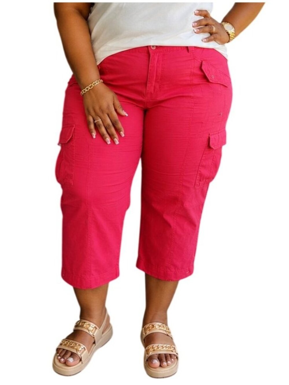 Norma Kamali Plus Size 18 Capri Cargo Pants Red 7 Pockets Stylish Utility